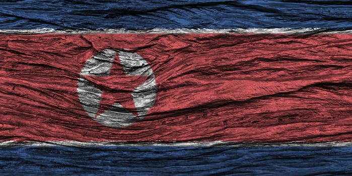 North korea flag with high detail of old wooden background . 3D illustration .