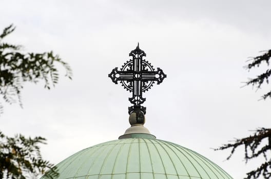 Exterior view on Serbian orthodox church on cloudy day