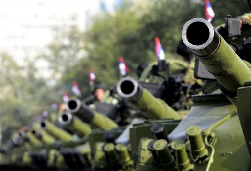 Serbian army main battle tanks in row during parade