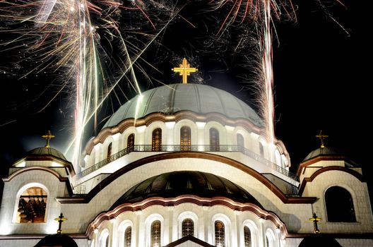 Low angle view on Saint Sava temple in Belgrade during firework