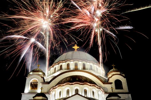 Low angle view on Saint Sava temple in Belgrade during firework