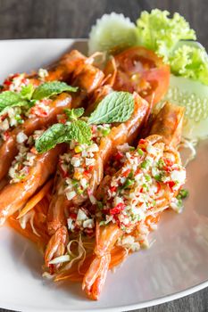 Tiger prawn spicy salad, thai sefood groumet cuisine