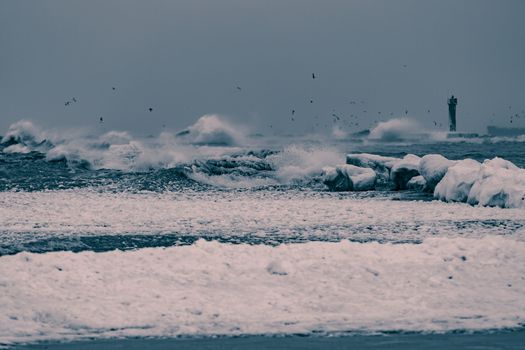 Big waves at the sea in stormy weather. Toned dark blue