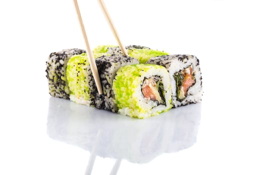 Roll the delicious sushi on a white background.