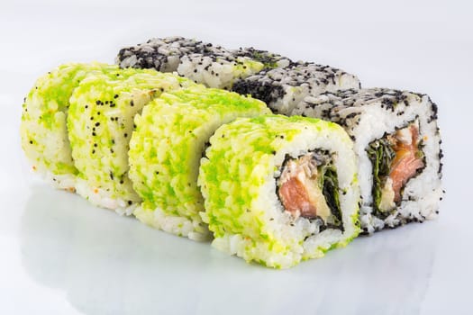 Roll the delicious sushi on a white background.