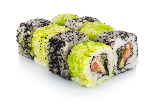 Roll the delicious sushi on a white background.