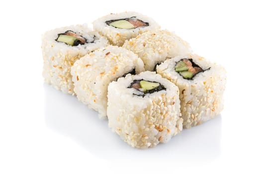 Roll the delicious sushi on a white background.