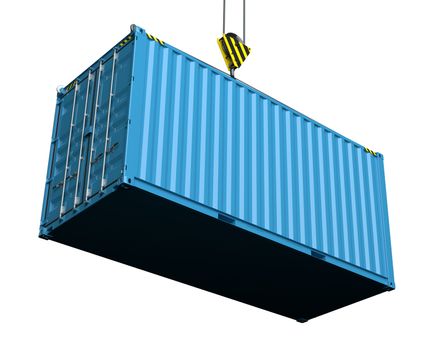 Service delivery - blue cargo container hoisted by hook. 3D rendering