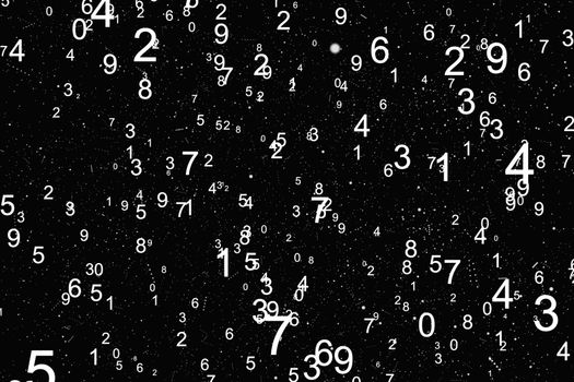 Abstract math number background. Black and white colors. Random sign flying