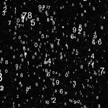 Abstract math number background. Black and white colors. Random sign flying