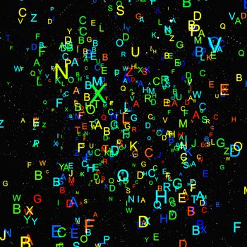 Abstract colorful alphabet fly on black background. Education concept