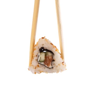 Roll the delicious sushi on a white background.