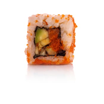 Roll the delicious sushi on a white background.