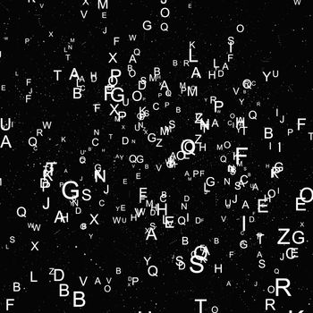 Abstract white alphabet fly on black background. Education concept