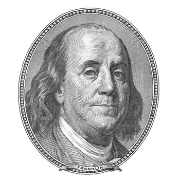 Benjamin Franklin. Qualitative portrait from 100 dollars banknote.