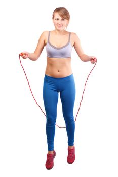 Girl jumping rope on a white background.