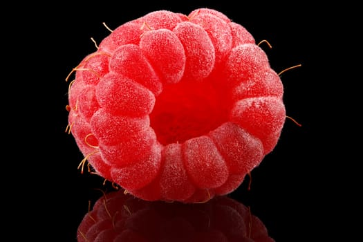 One ripe raspberry on black background.