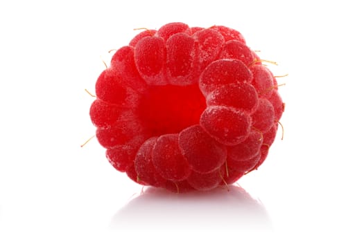 One ripe raspberry on white background.