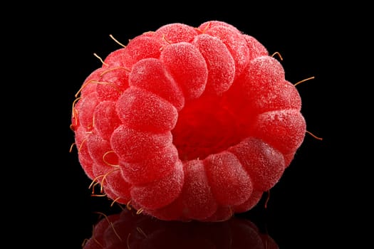 One ripe raspberry on black background.