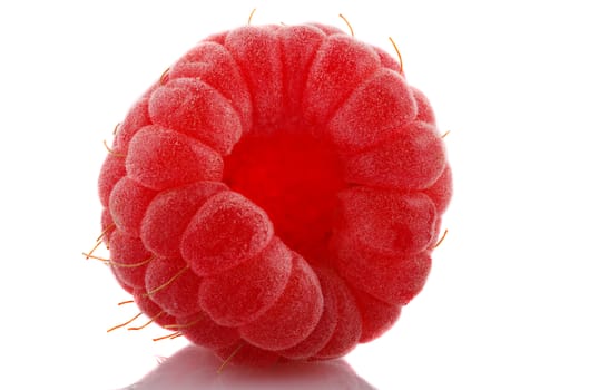 One ripe raspberry on white background.