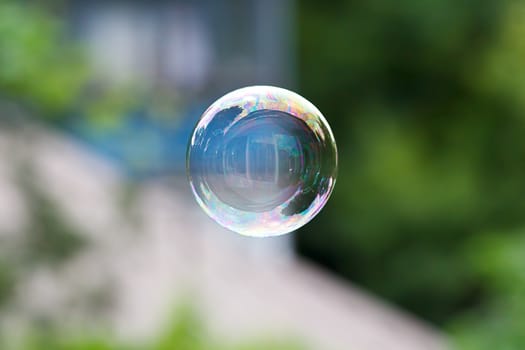 Soap ball in daylight against a background of greenery.