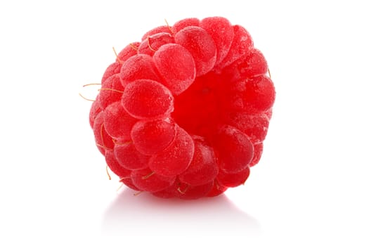 One ripe raspberry on white background.