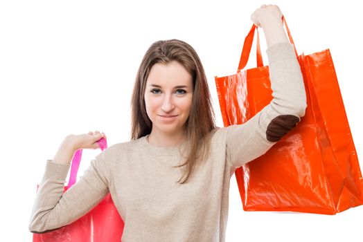 girl shopping lover with shopping bags on white background isolated