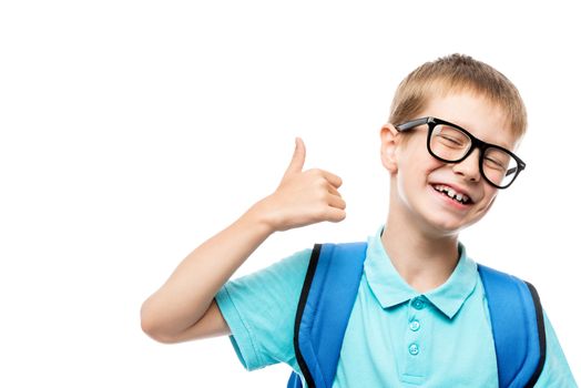 horizontal portrait of a happy school boy wearing glasses isolated on white background