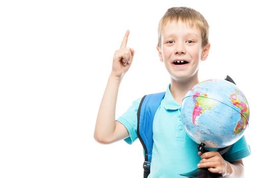 smart schoolboy with a globe came up with the idea of a portrait isolated