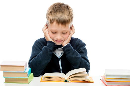 a schoolboy with a pile of books at a table reading lessons, a portrait is isolated