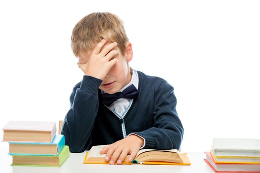 weary sleepy schoolboy reading lessons, portrait isolated