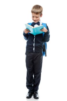 vertical portrait of a schoolboy with a full length textbook isolated