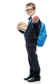 portrait of a schoolboy in full length on a white background, in the hands of textbooks and an apple