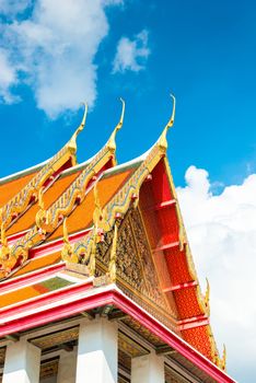 roof of the temple of Thailand with sharp peaks against the blue sky