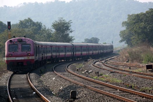 A small Indian train entering the wild forest area after departing from a station.