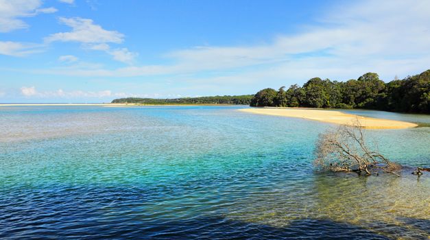 Scenic views across mallacoota Inlet to Betka beach on a beautiful sunny day.  Australia