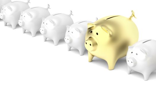 Row with piggy banks with one bigger and gold colored piggy bank 