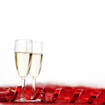 Two glasses of champagne with red decor, Valentines day concept