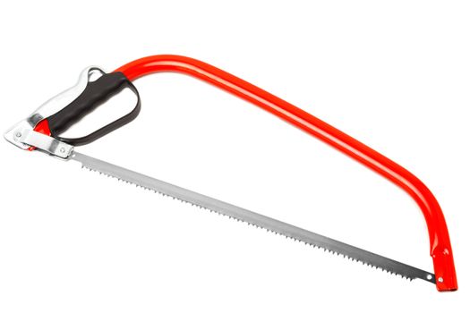 red saw for wood with plastic handle against white background