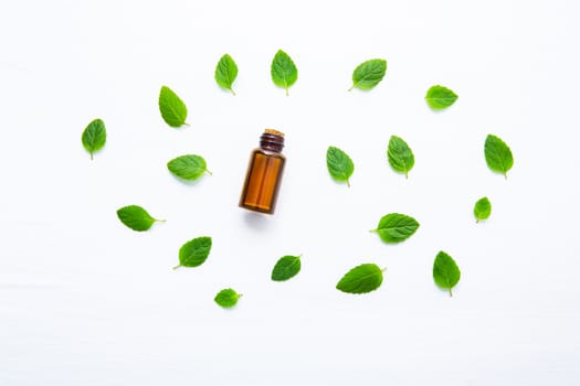 Natural Mint Essential Oil in a Glass Bottle with Fresh Mint Leaves on white wooden background.