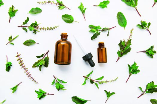 Holy Basil Essential Oil in a Glass Bottle with Fresh Holy Basil white wooden background.