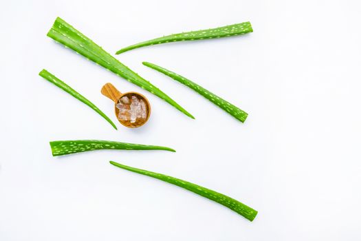 Aloe vera fresh leaves with aloe vera gel on wooden measuring spoon. isolated over white