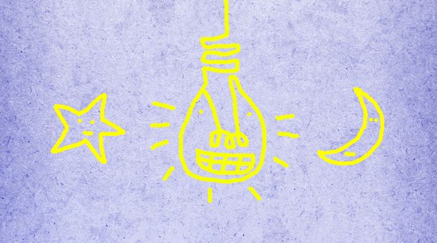 Easy brush paint on purple gray background. Cute and big smile light bulb idea. Going up to the sky.