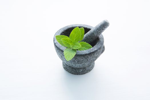 Stone mortar and pestle with peppermint leaf on white wooden background with copy space.