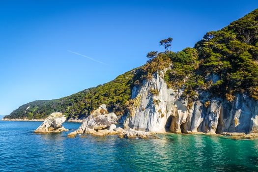 Abel Tasman National Park. Creek and turquoise sea. New Zealand