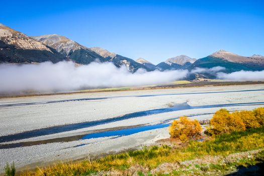 Yellow forest and river in New Zealand Alps