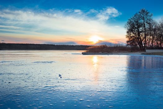 Winter paysage landscape of sunset evening iced frozen lake river