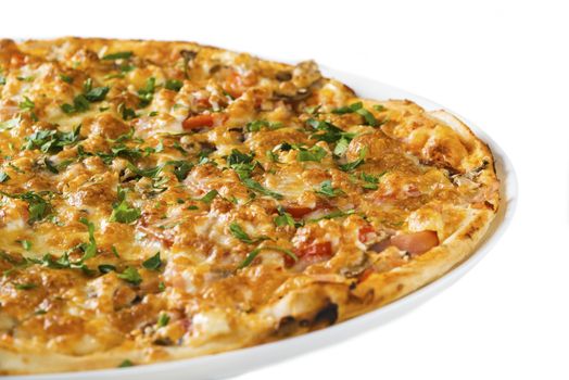 Tasty pizza with sausage, mushrooms and cucumber, isolated