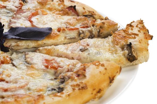 Tasty pizza with ham, mushrooms and tomato, isolated