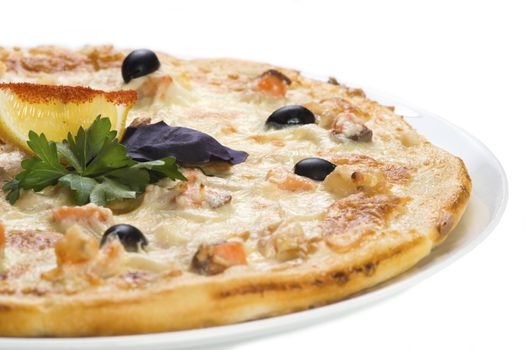 Tasty pizza with salmon, isolated